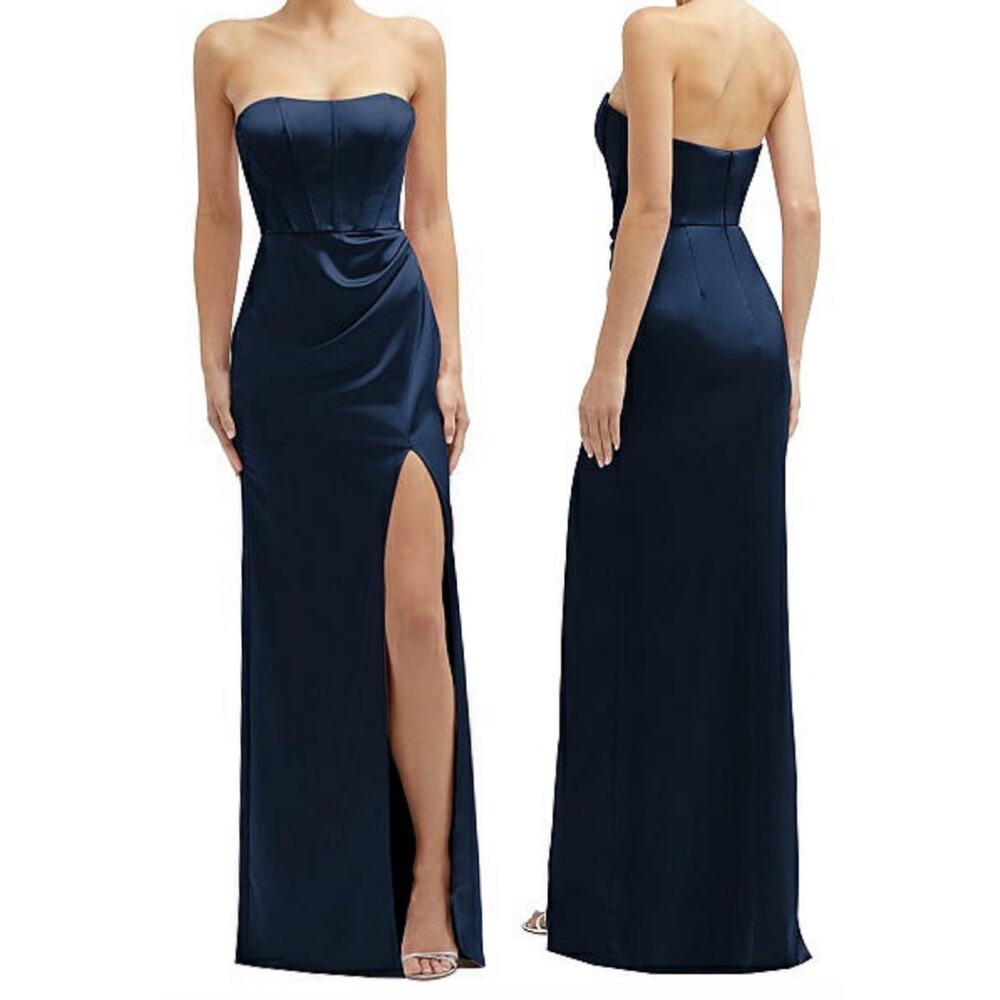 After Six Navy Strapless Satin Evening Gown with High Slit